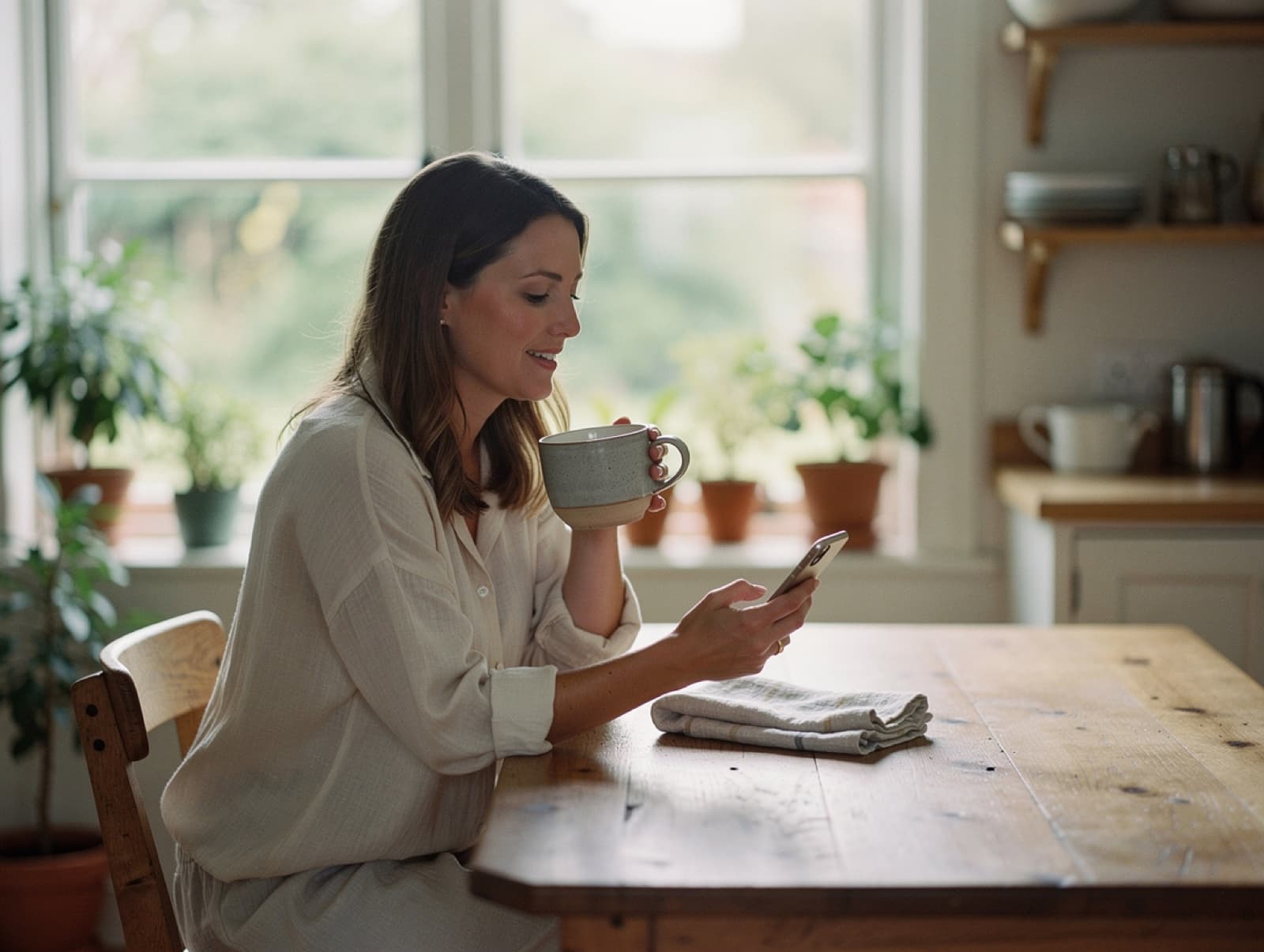 A publisher at her kitchen table, recommending a product to her audience from her phone