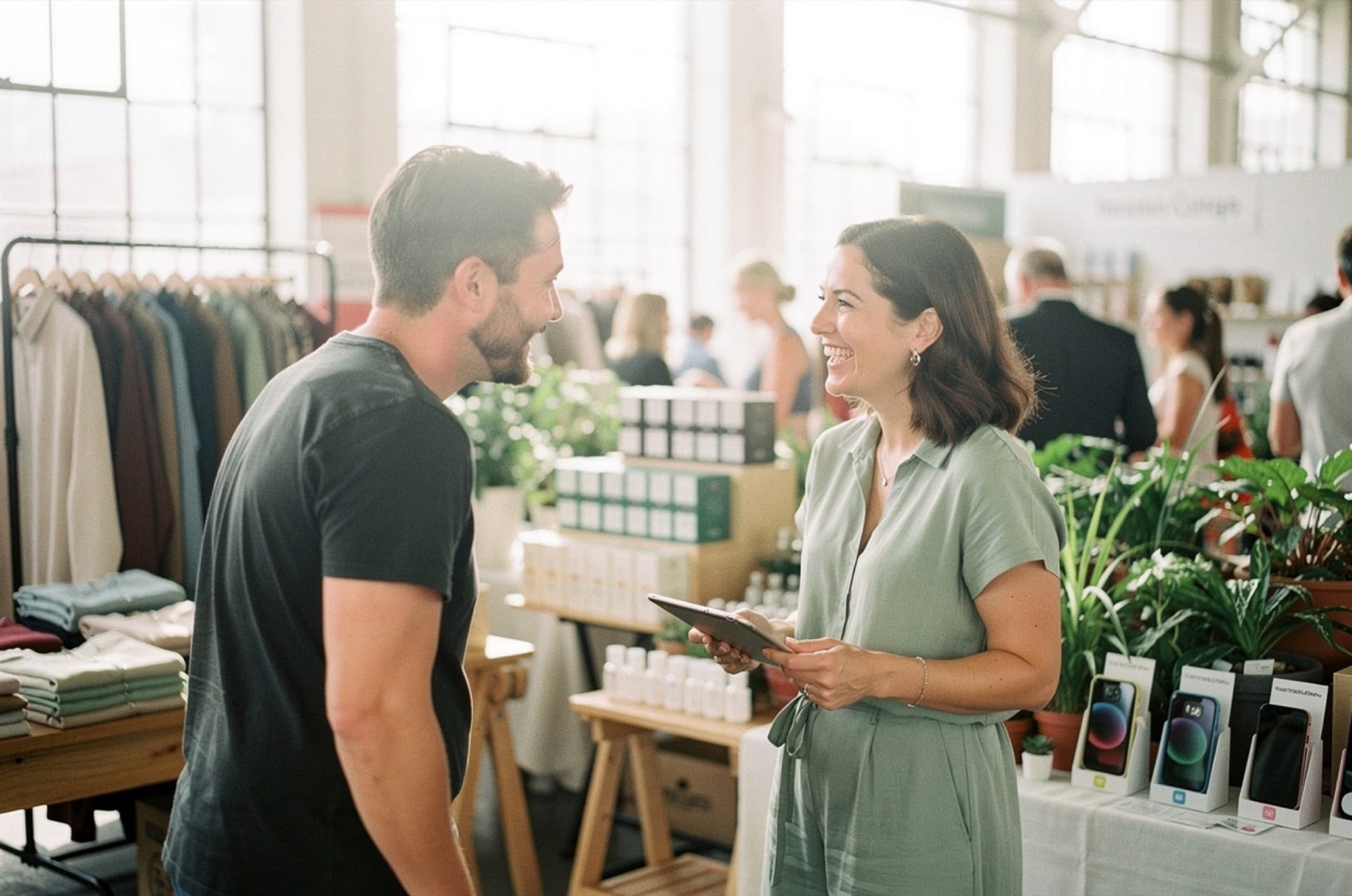 An events organiser with a tablet talking with a stallholder at a busy trade market