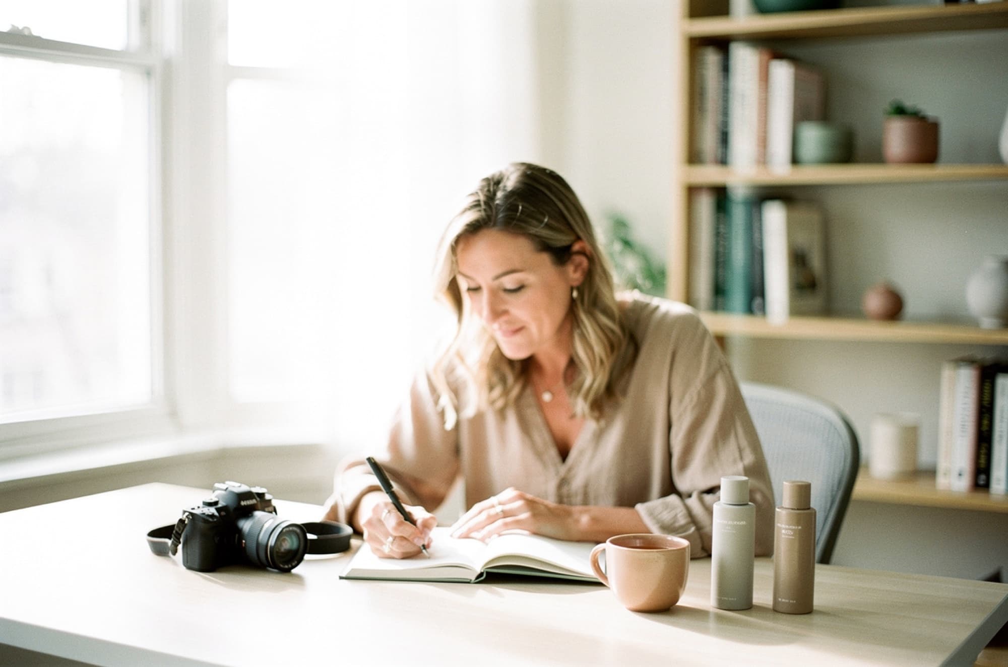 A blogger writing at her home desk beside the products she recommends